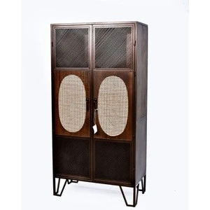Industrial Retro Style Mango Wood Cane Design &amp; Iron Top Glass 2 Door Almirah / Wardrobe For Bedroom Furniture