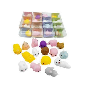 Kawaii cartoon cat, mouse, mochi squishy animals with box package