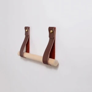 Leather Toilet Paper Holder Kit Wooden Dowel Wall Mounted Tissue Strap Holder