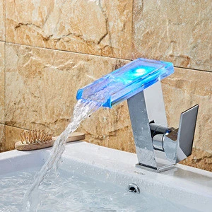 LED 3 Color Glass Spout Waterfall Bathroom Sink Faucet Single Handle Basin Mixer
