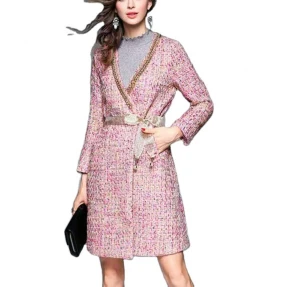 luxury womens coats women long sleeve open belt slim wool coat tweed winter coat for women