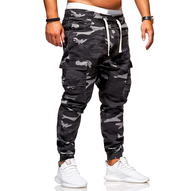 Men Camouflage Multi-pocket Slim Overalls Cargo Pants Elastic waist Drawstring male fashion Camo casual trousers