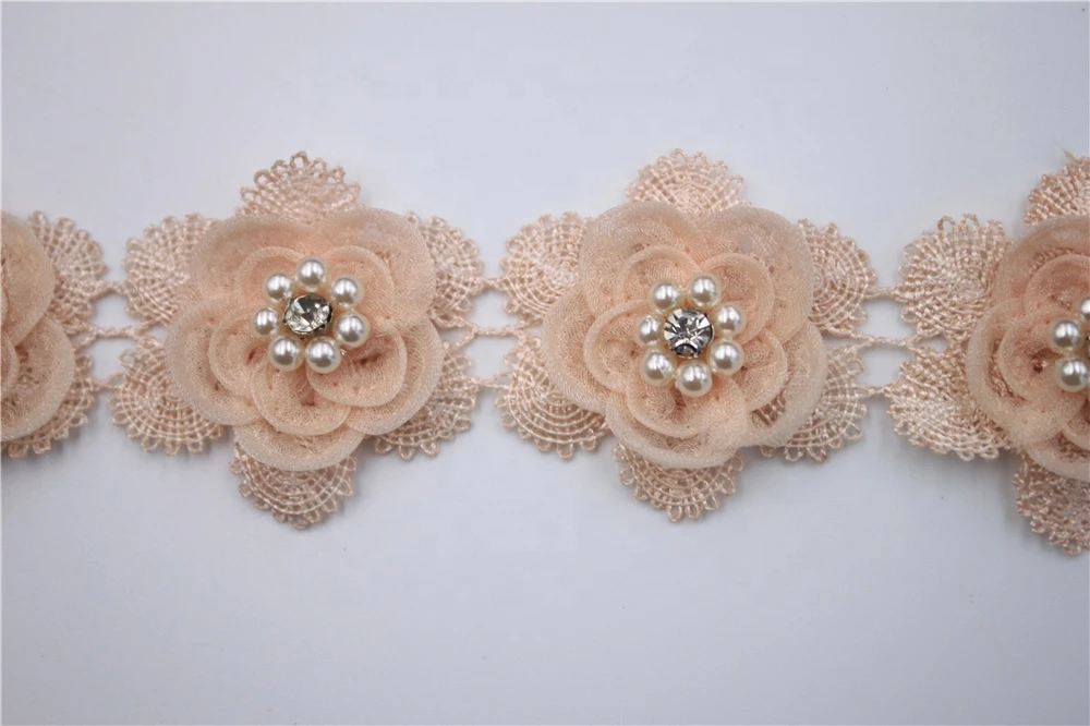 MS22142 wholesale beautiful 4cm width water soluble embroidery  lace trim 3d flower lace