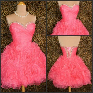 New Arrival Real Photo Sweetheart Organza Beaded Ruffles Ball Gown Short Mini Cocktail Dress