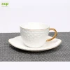 New design embossed white coffee cups and saucers royal gold rim tea cup with saucer
