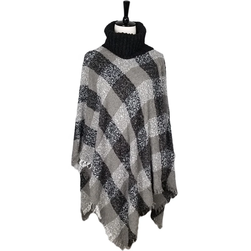 New women knitted poncho high collar plaid shawl wrap winter warm oversized scarf check cape coat poncho