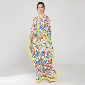 Occident European Plus size Indian Clothing Pakistani Woman Robe Bat Dolman porcelain print silk beach party evening women dress