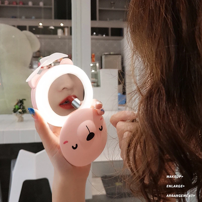 Portable Cartoon Pig Makeup Mirror With LED Fill Light USB Charging Fan Makeup Pocket Handheld Summer Outdoor Night Light new