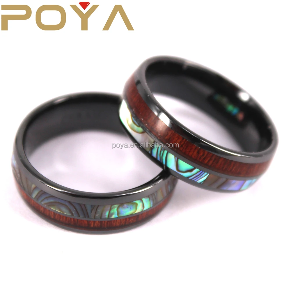 POYA Jewelry Koa Wood and Abalone Shell Inlay Black Tungsten Ring
