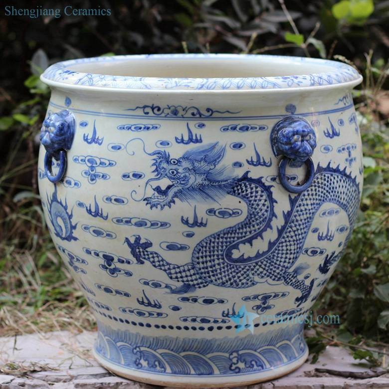 Rzfh03-C Hand Paint Blue and White Flying Dragon Pattern Ceramic Large Garden Pot