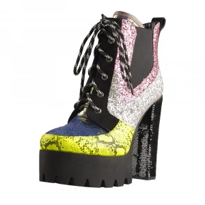 Sequin Splice Platform round toe boot women shoes ankle boots