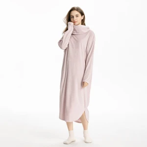 sil-u Super soft pink fleece long sleeve turtleneck girls nightgown long night dress sleepwear