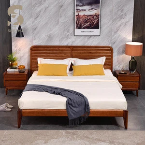 Simple modern design solid wood double bed bedroom furniture bedroom walnut color bed set with night stand table