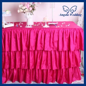 SK006E Party taffeta banquet ruffled pleated steps in fuschia hot pink table skirt