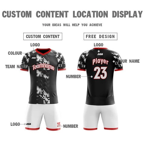 Soccer uniform custom new design soccer football jersey set hot sale football sublimation black red white and men