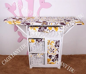 Solid wood folding ironing board with Simple prints cloth and willow basket and storage cabinet