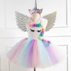 Summer Kids Sleeveless Rainbow Princess Birthday Party Toddler Baby Girl Clothes Unicorn Dress With Headband Wings