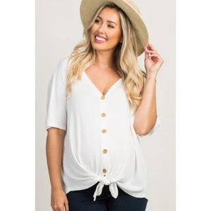 Summer Plain Maternity T-Shirt White Knit Button Front Maternity Top clothing