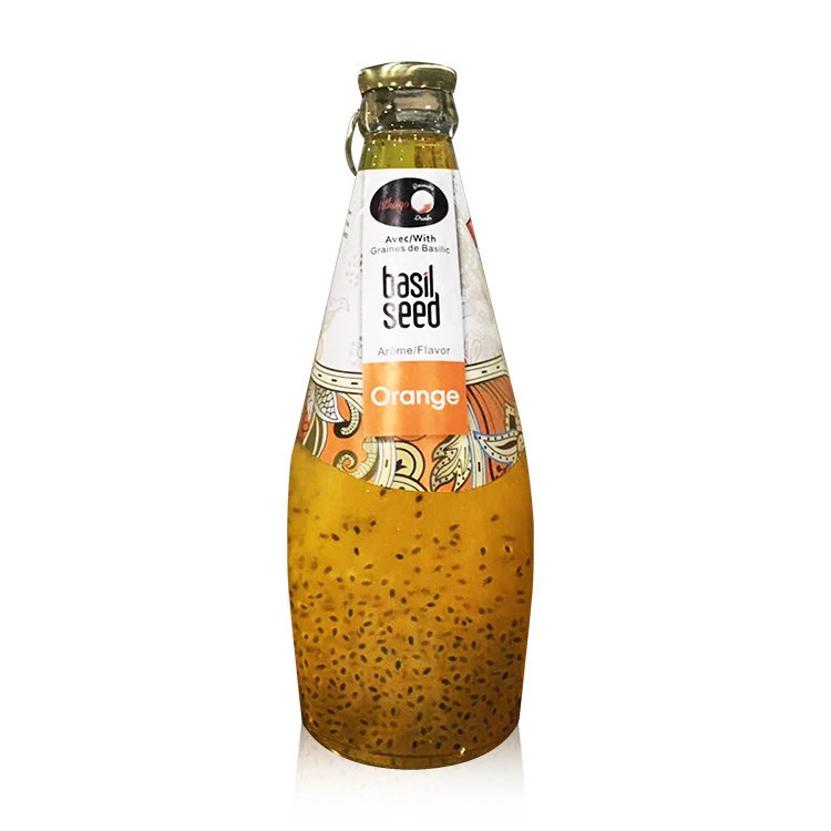 Sweet beverage glass bottle orange flavor basil seed juice soft drink