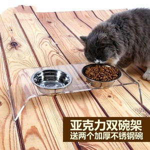 thermal bending acrylic pet feeder stand with bowls Cat and Dog Stainless steel food feeder double bowl with transparent stand