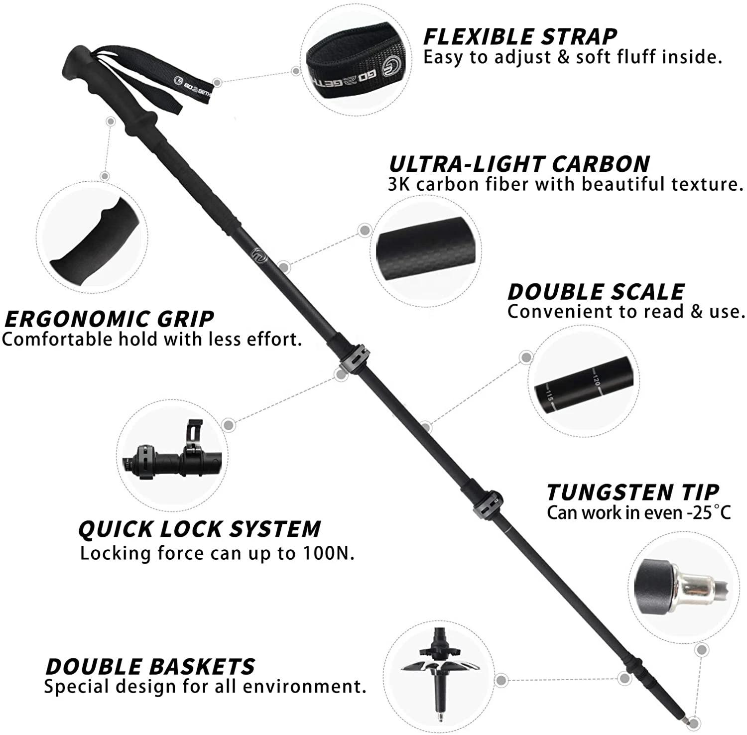 Ultralight (3K) Carbon Fiber Telescopic Nordic Walking Hiking Trekking Poles / Sticks with Extended EVA Handle
