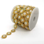 Wholesale  ab crystal diamond gold flower plastic pedestal stone rhinestone cup chain roll for wedding dress