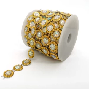 wholesale  ab crystal diamond gold flower plastic pedestal stone rhinestone cup chain roll for wedding dress