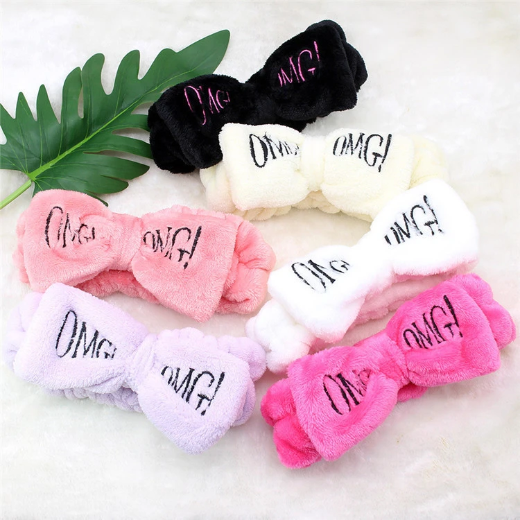 Wholesale Adjustable Elastic Coral Fleece Bow Knot Hairbands Softy Embroider OMG Letter Word Shower Make Up Wash Face Hair Band