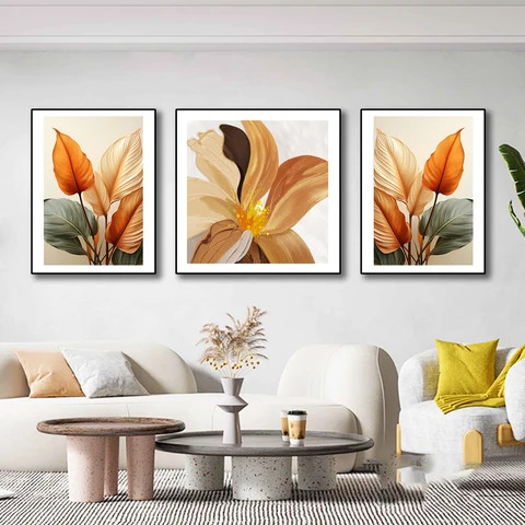 Wholesale of flower triptych leather texture painting wall art murals in factories
