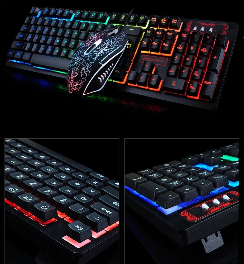 Wired gaming Keyboard and Mouse with desktop 104Keys Backlit Multimedia 7 colors lights Ergonomic Laser Printing + 2400DPI