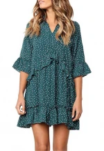 Women Floral Summer Midi Dress Vintage Evening Dress Short Sleeve Women V-Neck Ruffle Polka Dot Pocket Loose Swing Casual Dress