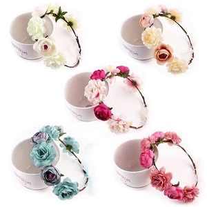 Women Hair Accessories Adjustable Fabric Wedding Wreath Crown Rose Headband Artificial Flower Garlands For Girls