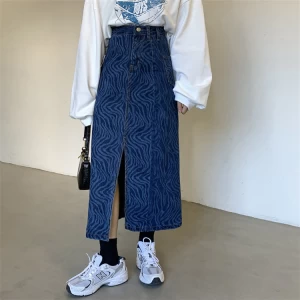 women Zebra print tie dye lady jeans skirt with button front Split girls pencil denim skirt