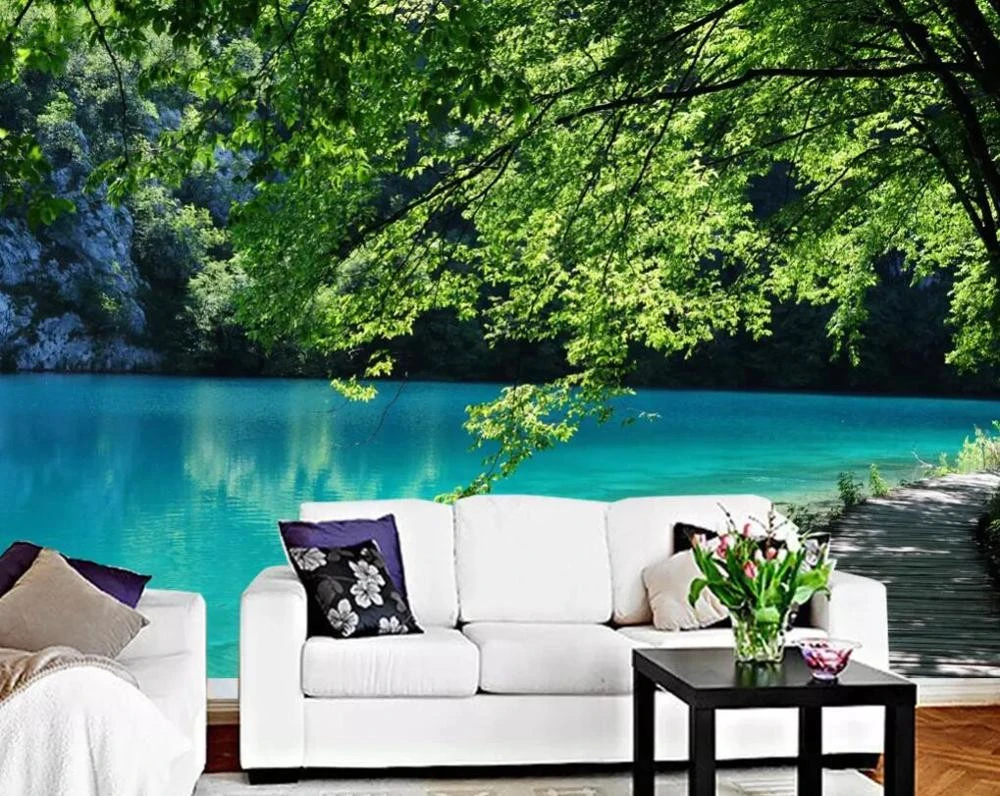 ZHIHAI green trees clean lake water peaceful quite environment print artistic 8d textured 3d wallpaper hotel
