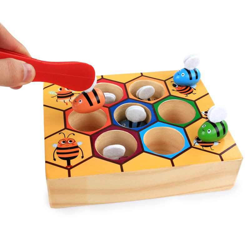 Clamp Bee Hive Game - Juguete Montessori De Madera Para Clasificar Colores, Abejas Y Colmenas, Ideal Para Motricidad Fina Y Coordinación Mano-Ojo (36 Meses+)