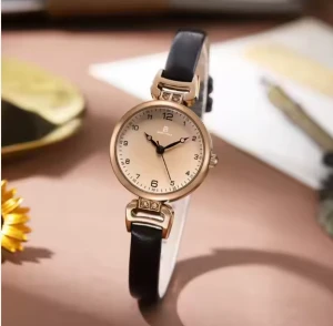 Wholesale Simple Fashion Lady Quartz Wrist Watch for Girls/Women Black Leather Band with Pointer Dial Display