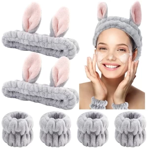 Face Wash Headbands Wristbands Set Bunny Ears Headbands Spa Headband Makeup Skincare for Women Girls Washing Face