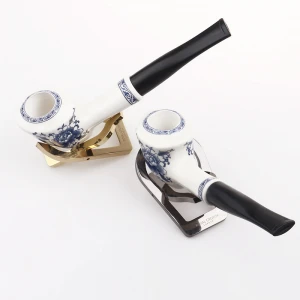 160mm Chrysanthemum Pattern Decoration Straight Ceramic Smoking Pipe With Removable Cigarette Holder