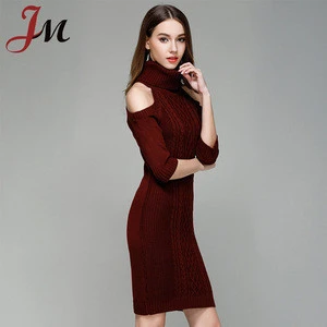 2018 latest Autumn&Winter fashion women high neck pullover cable knit off-shoulder dress