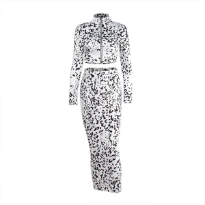 2020 Autumn Leopard Print Outfits Zipper Crop Top Pencil Skirt 2 Piece Women Skirt Set