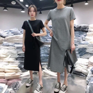 2020 Gray Summer Maxi Black t shirt dress Long Loose Plus Size Women Tshirt Casual Dress