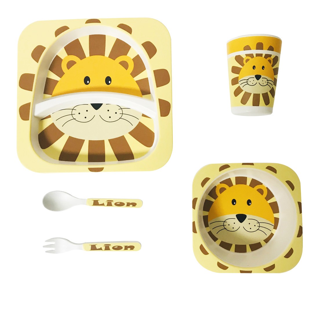 2021 Best Selling 5pcs Cute Animal Design Children rectangle Tableware Set Bamboo Fiber Kid Dinnerware Plate Set