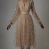 2021 new spot sequined mesh maxi dress French sexy long skirt V-neck maxi dress