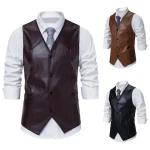 2024 New Mens Retro V-neck Single Breasted Motorcycle Vest Fashion European Size Slim Fit PU Leather Vest for Men