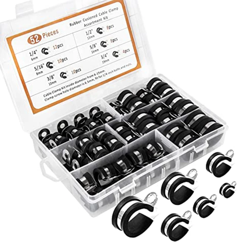 52pcs 304 Stainless Steel Rubber Cushion Pipe Cable Hose Clamps Assortment Kit