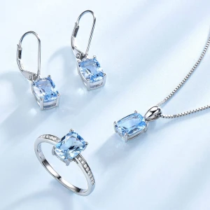 925 Sterling Silver Sky Blue Topaz Diamond Pendant Earrings Ring Set Emerald Cut Gemstone Birthstone with 18 Inch Silver Chain