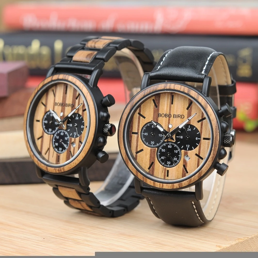 BOBO BIRD Montre Homme Stainless Steel Watches Wooden Stop Function Watches mens luxury watch with OEM logo Accepted