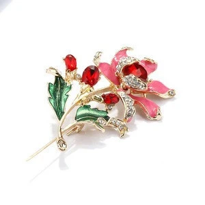 bulk pink enamel artificial flower red rhinestone stone brooch pin