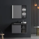 Chaozhou factory bathroom vanity with black rock slate basin wall corner cabinet with senor mirror grey plywood bathroom cabinet