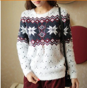 classy snowflake pattern hairy ladies cropped fuzzy sweater for women